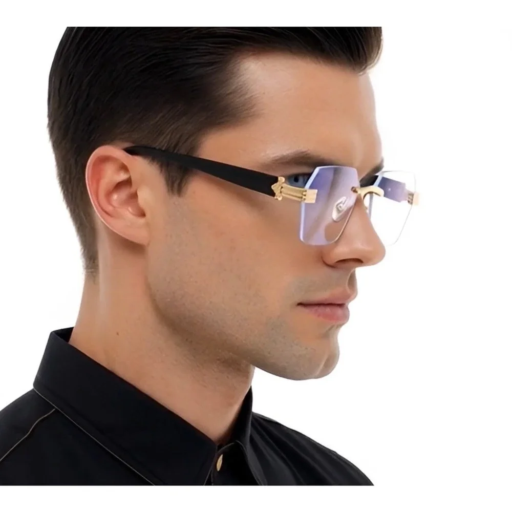 Mens Rimless Octagon Sunglasses Gold Black‎ Clear Lens Geometric Luxury Eyewear